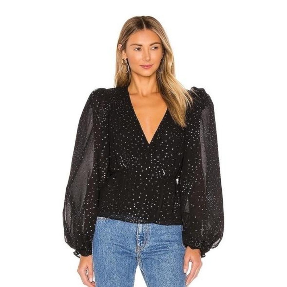 Revolve LPA Francis top black sheer silver sparkle v neck going out top city